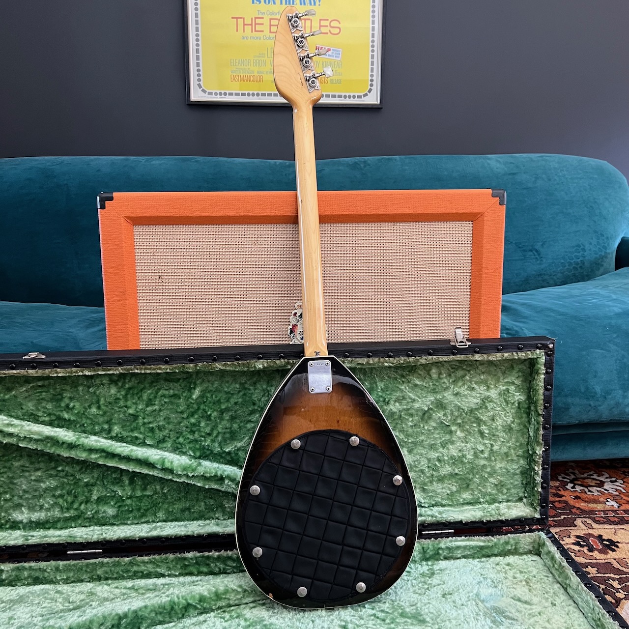 Vintage 1960s Vox Teardrop Bill Wyman Sunburst Bass Guitar OHSC -